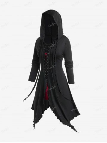 Gothic Lace-up Hooded Two Tone Trim Handkerchief Longline Coat