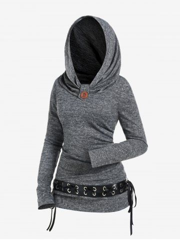 Plus Size Hooded Lace-up Grommet Long Sleeves Knitted T-shirt - GRAY - 1X | US 14-16