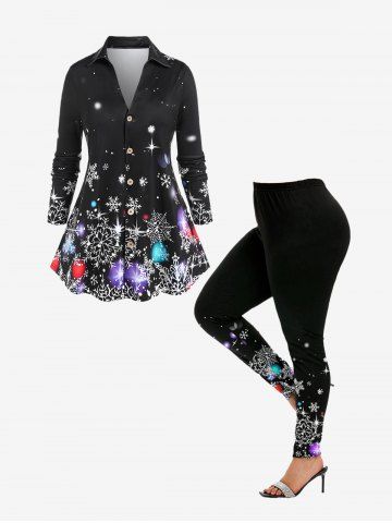 Christmas Snowflake Print Button Up Shirt and Skinny Leggings Plus Size Fall Outfit - BLACK