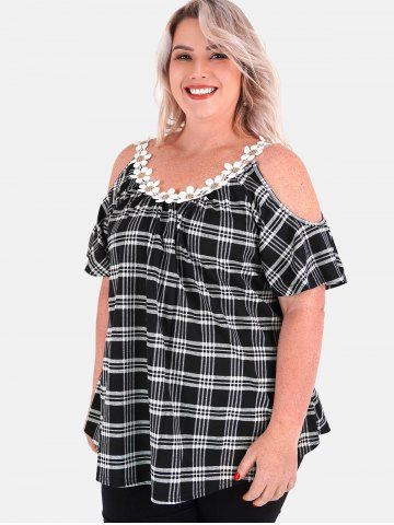 Plus Size Plaid Flower Trim Cold Shoulder T Shirt