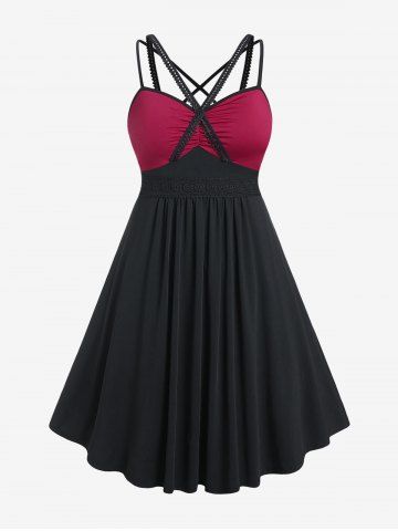 Plus Size Two Tone Backless Lace Panel A Line Strappy Midi Dress