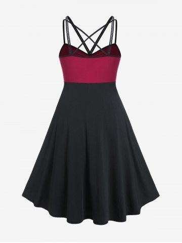 Plus Size Two Tone Backless Lace Panel A Line Strappy Midi Dress