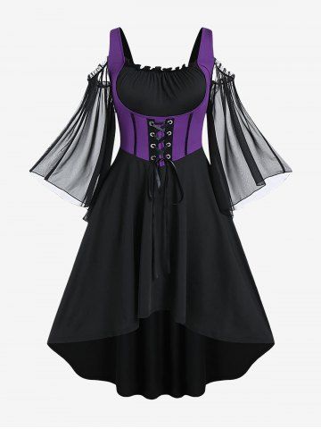 Plus Size Lace Up Cold Shoulder Flare Sleeves High Low Ruched Renaissance Corset Dress - PURPLE - 1X | US 14-16