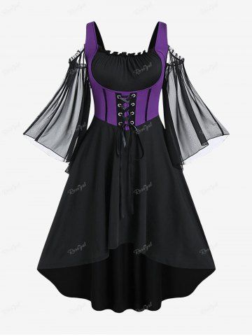 Plus Size Lace Up Cold Shoulder Flare Sleeves High Low Ruched Renaissance Corset Dress - PURPLE - L | US 12