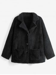 Manteau en Fausse Fourrure de Grande Taille avec Poche à Col Revers - Noir 4XL