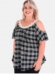 Plus Size Plaid Flower Trim Cold Shoulder T Shirt -  