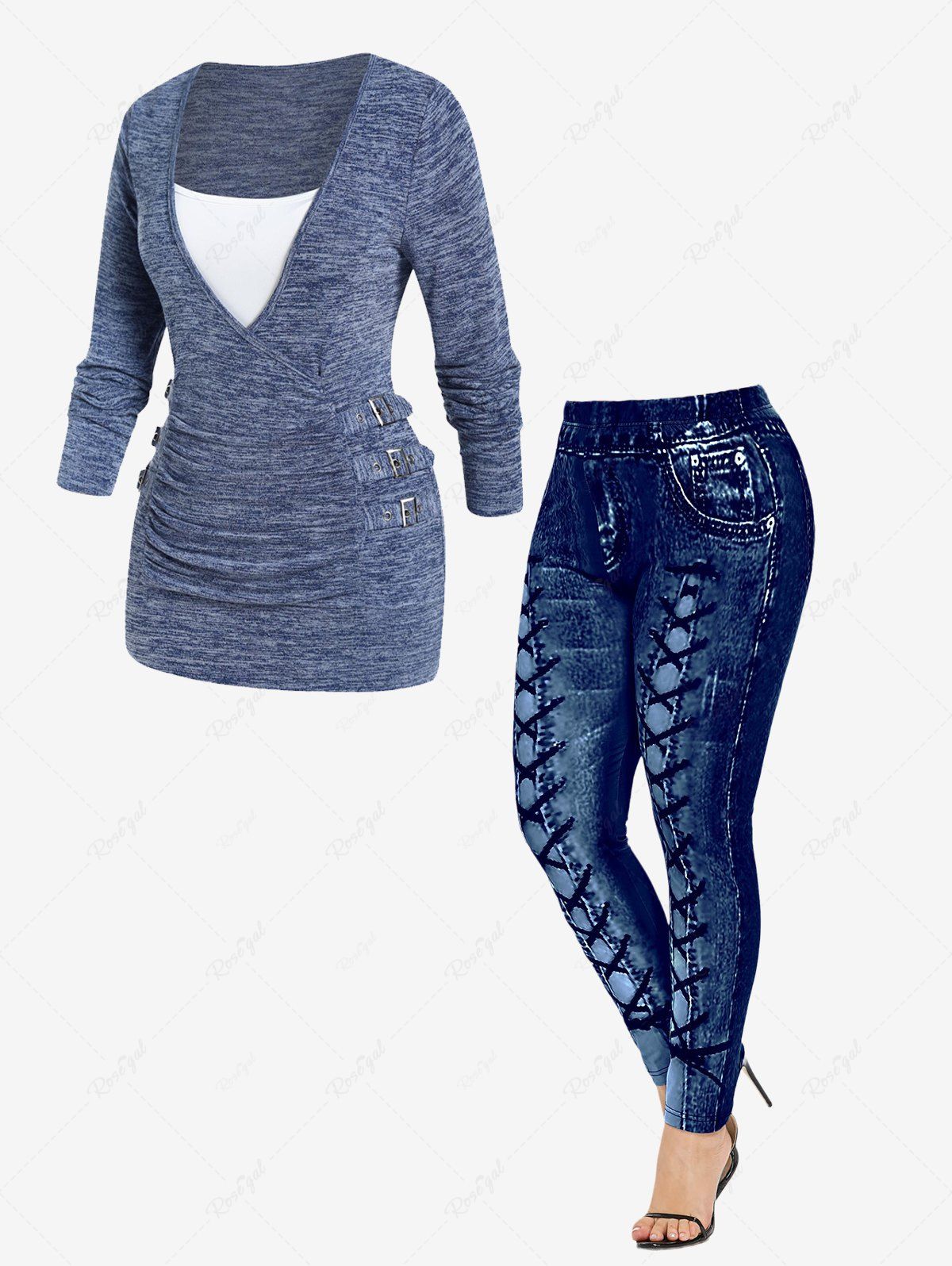 Chic Buckles Space Dye Faux Twinset Sweater and High Waisted 3D Printed Leggings Plus Size Outerwear Outfit  