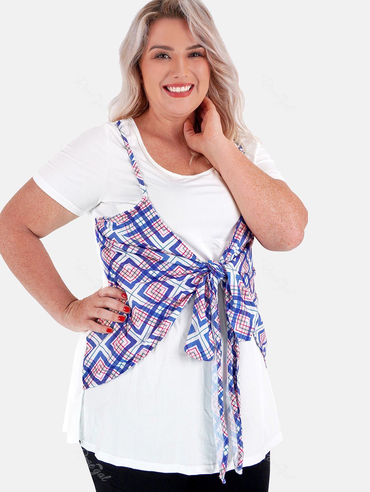 Fancy Plus Size Plaid Knotted Twofer Tunic Tee  