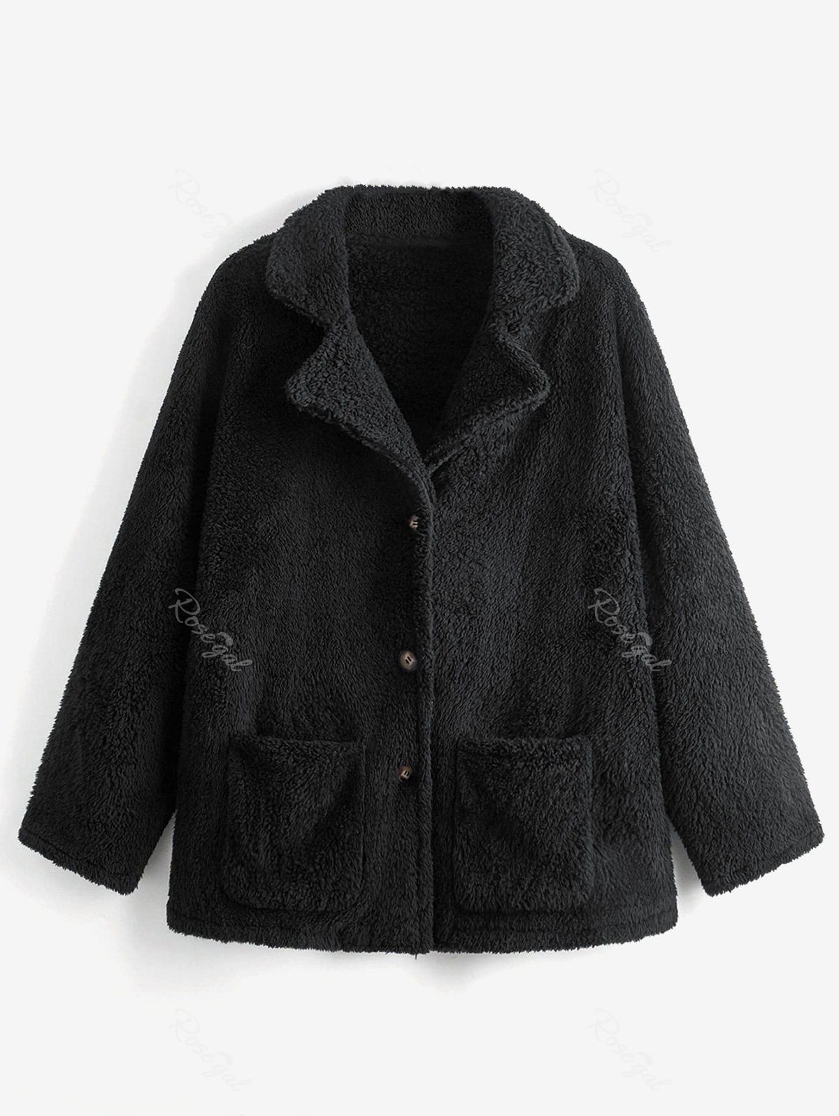 Manteau en Fausse Fourrure de Grande Taille avec Poche à Col Revers Noir 4XL