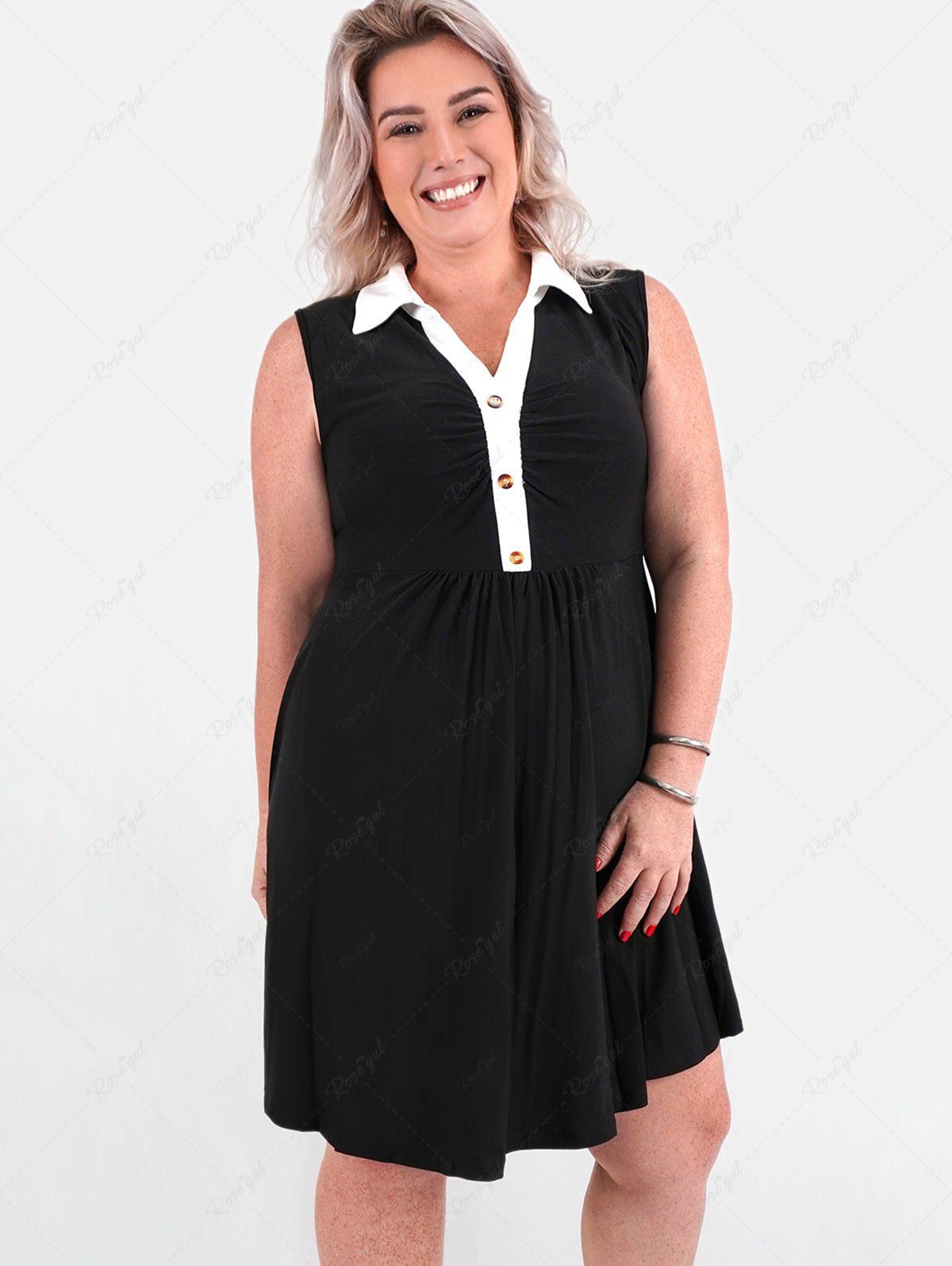 Discount Plus Size Sleeveless Colorblock Belted Knee Length Dress  