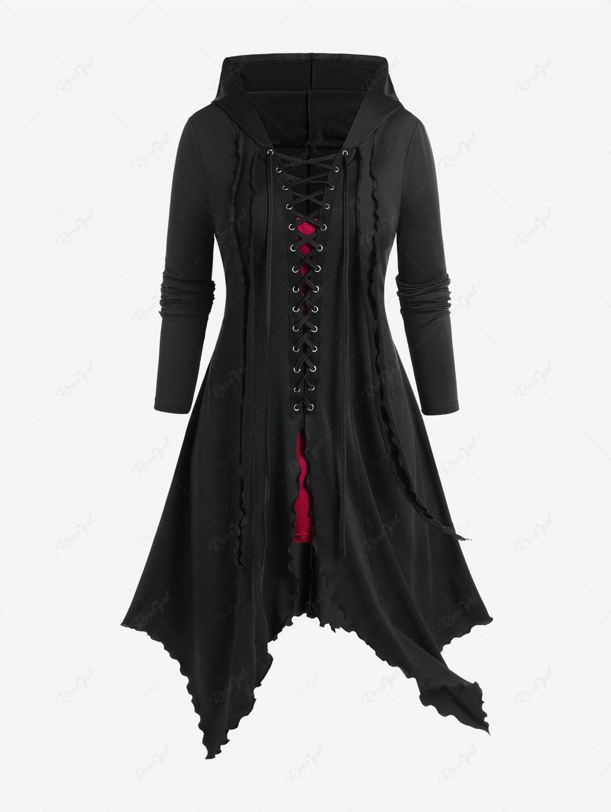 Online Gothic Lace-up Hooded Two Tone Trim Handkerchief Longline Coat  