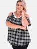 Plus Size Plaid Flower Trim Cold Shoulder T Shirt -  