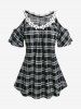 Plus Size Plaid Flower Trim Cold Shoulder T Shirt -  