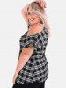 Plus Size Plaid Flower Trim Cold Shoulder T Shirt -  