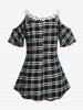 Plus Size Plaid Flower Trim Cold Shoulder T Shirt -  