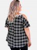 Plus Size Plaid Flower Trim Cold Shoulder T Shirt -  