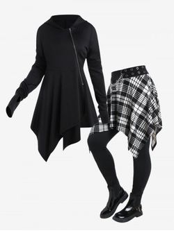 Gothic Hooded Oblique Zipper Asymmetric Coat and Chain Grommet Embellish Checked Skirted Leggings Outfit - BLACK