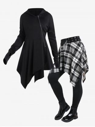 Gothic Hooded Oblique Zipper Asymmetric Coat and Chain Grommet Embellish Checked Skirted Leggings Outfit