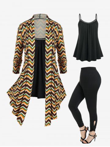 Zigzag Asymmetric Cardigan and Camisole Set and High Rise Cutout Twist Leggings Plus Size Outerwear Outfit