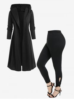 Hooded Open Front Coat and High Rise Cutout Twist Leggings Plus Size Outerwear Outfit - BLACK