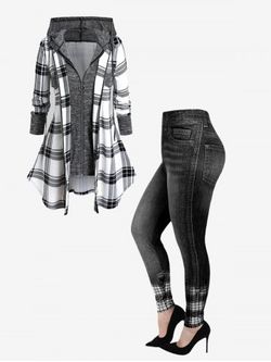 Hooded Plaid Faux Twinset Jacket and 3D Denim Print Plaid Skinny Jeggings Plus Size Outerwear Outfit - GRAY
