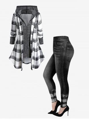 Hooded Plaid Faux Twinset Jacket and 3D Denim Print Plaid Skinny Jeggings Plus Size Outerwear Outfit