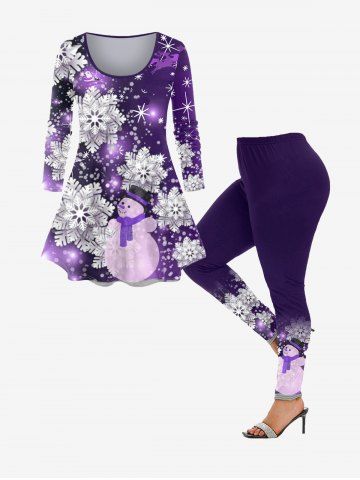 Plus Size Christmas Snowflake Snowman Print T-shirt and Leggings Matching Set Outfit