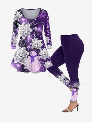 Plus Size Christmas Snowflake Snowman Print T-shirt and Leggings Matching Set Outfit