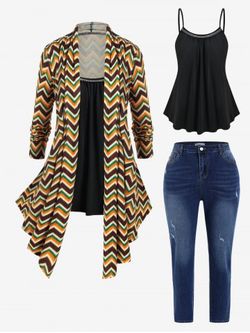 Plus Size Zigzag Asymmetric Open Front Top and Camisole Set and Pencil Jeans Outfit - MULTI