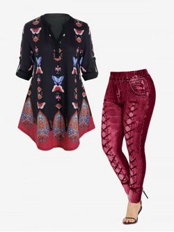 Roll Tab Sleeve Butterfly Tribal Print Blouse and 3D Denim Print Leggings Plus Size Outfit - BLACK