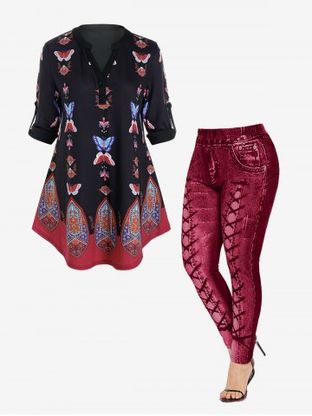 Roll Tab Sleeve Butterfly Tribal Print Blouse and 3D Denim Print Leggings Plus Size Outfit