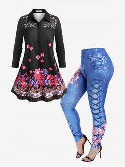 Half Placket Rose Paisley Print Top and 3D Print Jeggings Plus Size Fall Outfit - BLACK