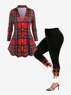 Plaid Button Up Shirt and Snowflake Print Skinny Leggings Plus Size Christmas Outfit - RED