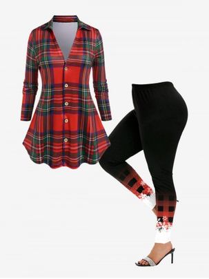 Plaid Button Up Shirt and Snowflake Print Skinny Leggings Plus Size Christmas Outfit