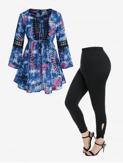 Contrast Lace Printed Blouse and Cutout Twist Skinny Leggings Plus Size Outfit - BLUE