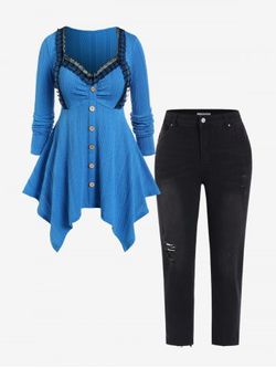 Plus Size Lace Panel Handkerchief Textured Tee and Ripped Pencil Jeans Outfit - BLUE