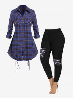 Plaid Front Zip Shacket and 3D Ripped Printed Skinny Leggings Plus Size Outfit - BLUE