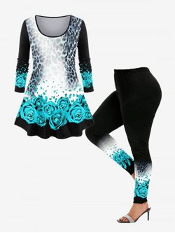 Plus Size 3D Rose Leopard Ombre Long Sleeves Tee and Leggings Matching Set Outfit - BLACK