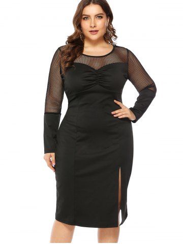 Plus Size Net Panel Ruched Slit Long Sleeves Midi Bodycon Party Dress
