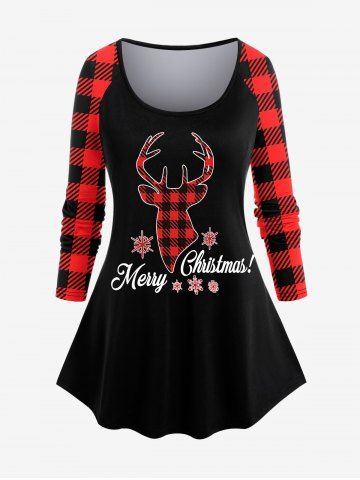 Plus Size Merry Christmas Elk Snowflake Printed Raglan Sleeves Graphic Tee - BLACK - L | US 12