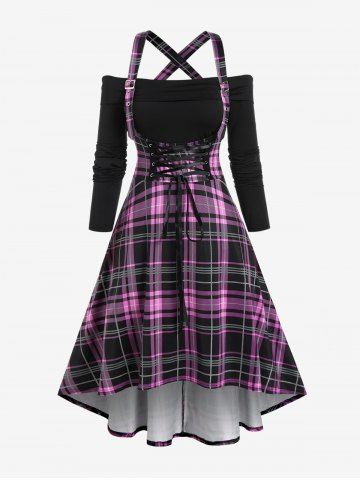 Plus Size Off The Shoulder Tee and Plaid Crisscross High Low Midi Dress Set - LIGHT PINK - 1X | US 14-16