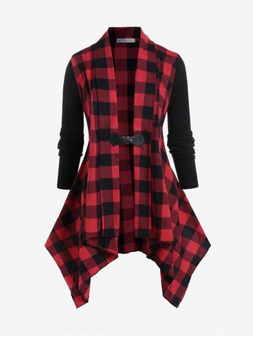 Shawl Collar Plaid Buckle Front Plus Size Coat - RED - 1X
