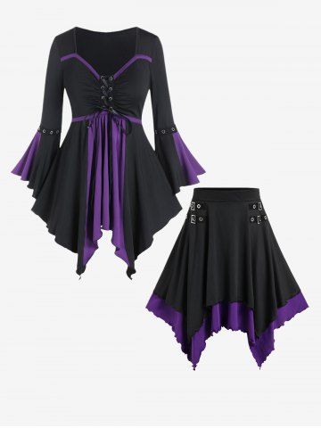 Gothic Flare Sleeves Lace Up Two Tone Handkerchief Tee and Colorblock Handkerchief Skirt Outfit