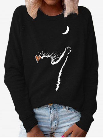 Plus Size Cat Moon Graphic Raglan Sleeve T-shirt - BLACK - 3XL