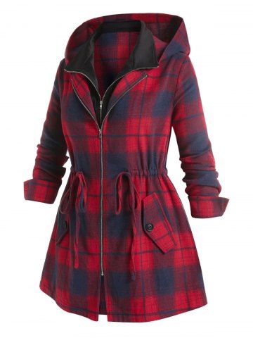 Plus Size Hooded Plaid Drawstring Pocket Zip Coat