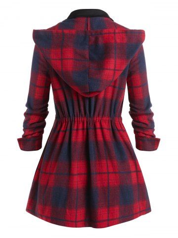 Plus Size Hooded Plaid Drawstring Pocket Zip Coat