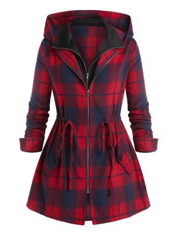 Plus Size Hooded Plaid Drawstring Pocket Zip Coat