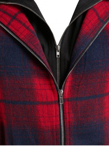 Plus Size Hooded Plaid Drawstring Pocket Zip Coat