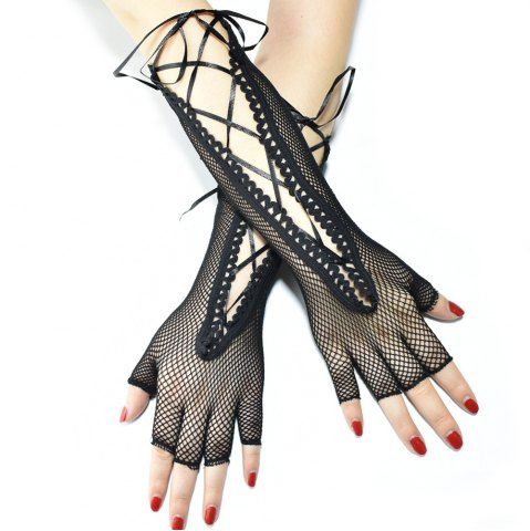 Gothic Fishnet Lace Up Long Half Finger Gloves - BLACK