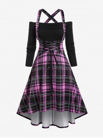 Plus Size Off The Shoulder Tee and Plaid Crisscross High Low Midi Dress Set - LIGHT PINK - 2X | US 18-20